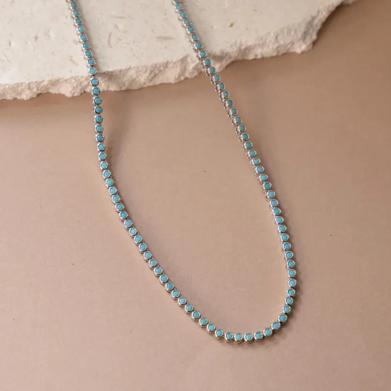 15TCW Round Cut Lab Created Turquoise Bezel Tennis Necklace 925 Sterling Silver