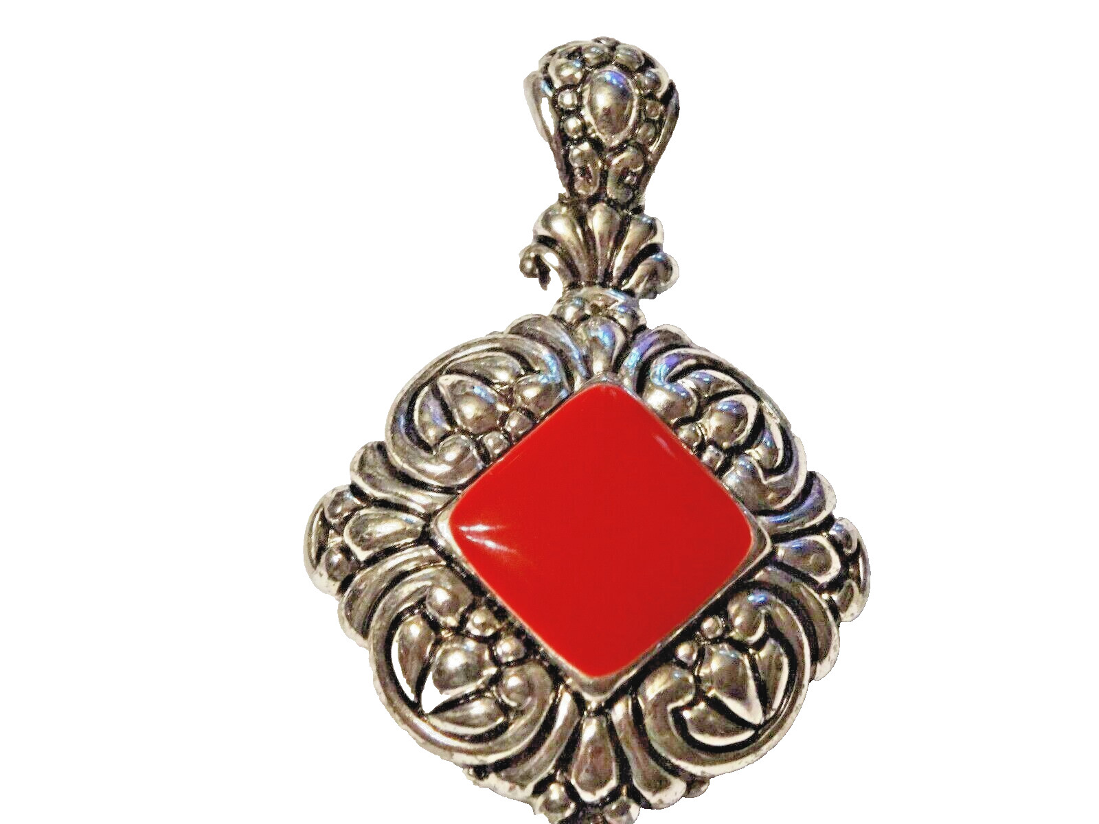 PENDANT ~ SILVER TONE DESIGNED METAL WITH FAUX RED STONE PENDANT