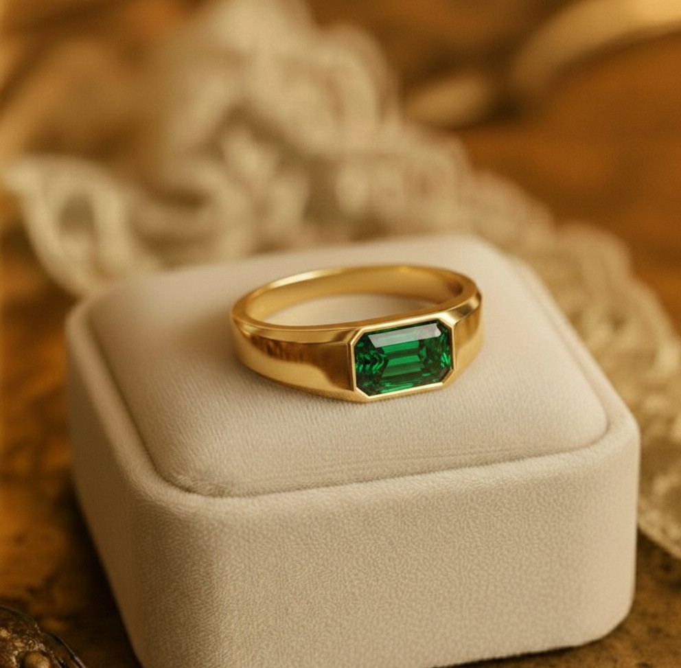 2.51 Ct Baguette Cut Natural Emerald Engagement Bezel Ring 14K Solid Yellow Gold