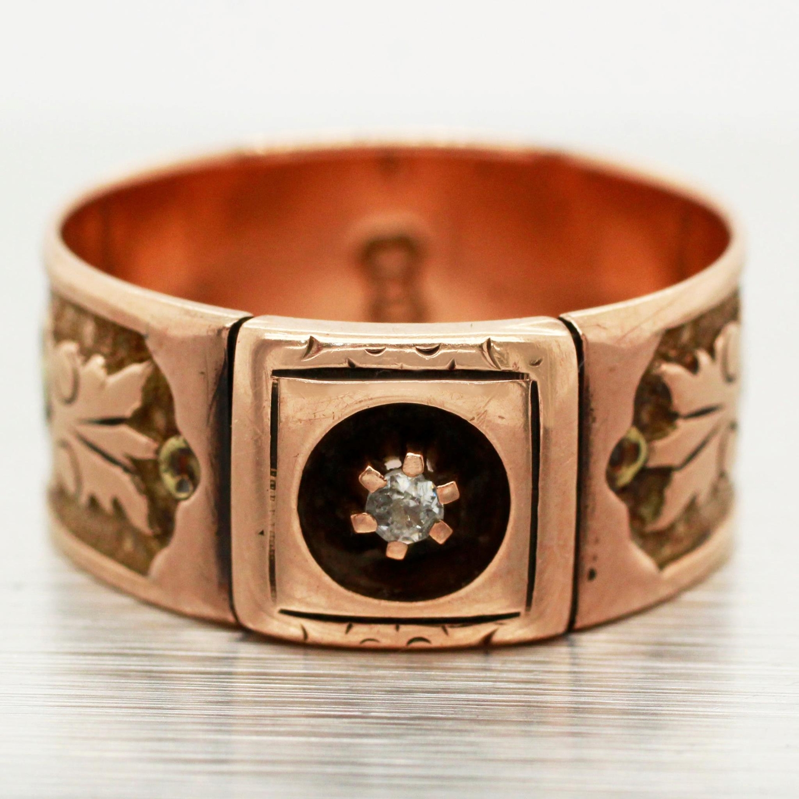 Art Nouveau 0.02ct Rose Cut Diamond Band Ring – 14k Rose Gold & Yellow Gold