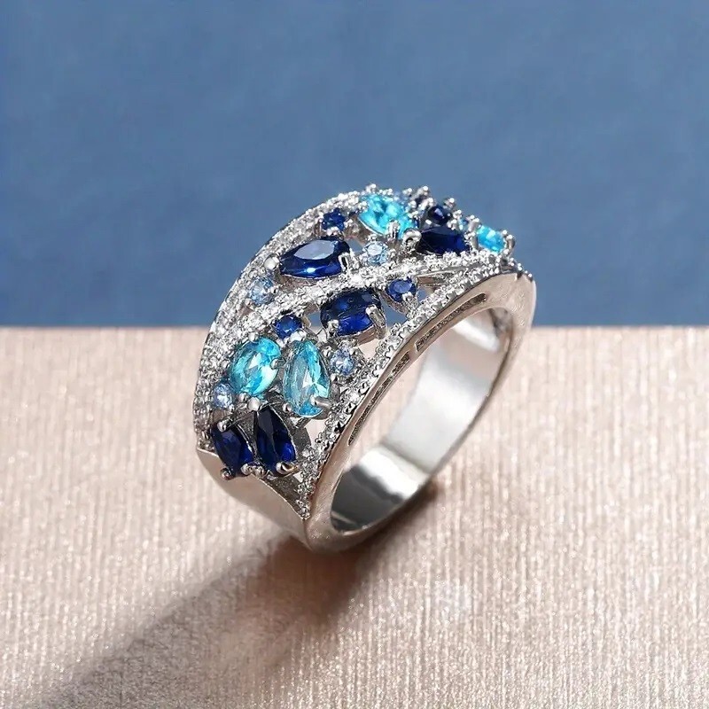 Elegant 925 Sterling Silver Blue White Topaz Wedding Engagement Ring Size 9