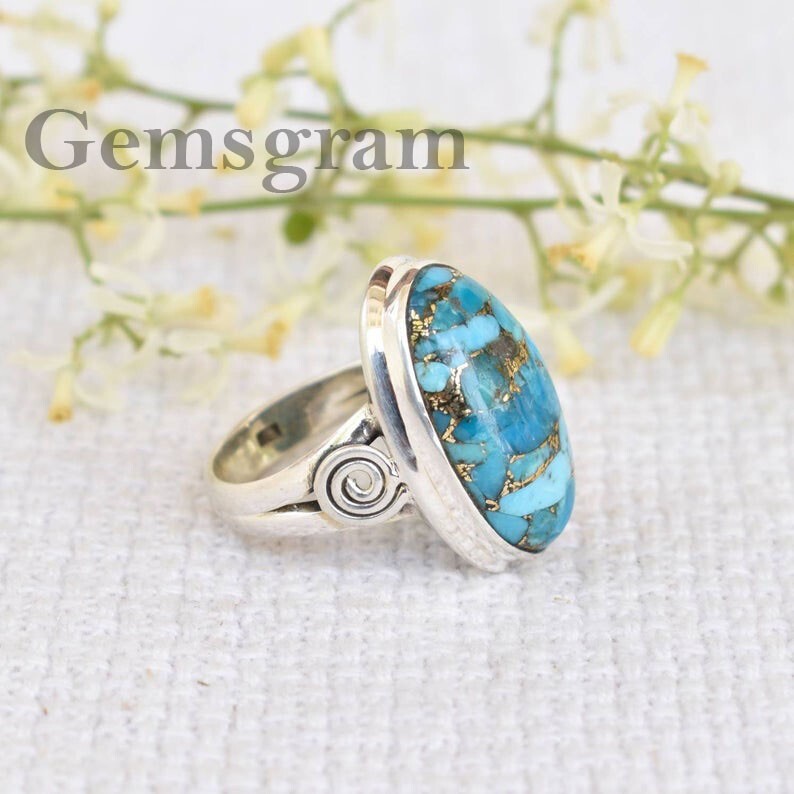 925 Sterling Silver Blue Copper Turquoise Oval Shape Handmade GENUINE Ring