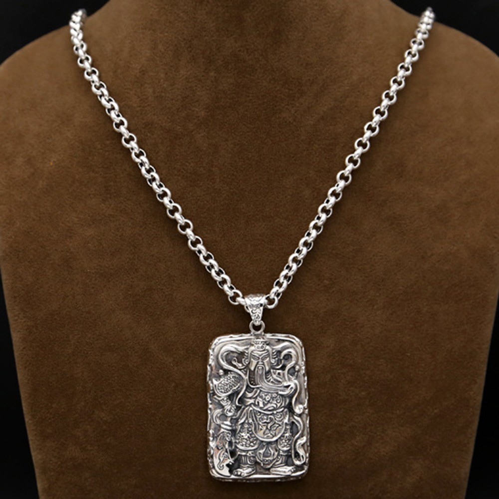 Pure S925 Sterling Silver Men Women Carved Dragon Guangong Oblong Pendant 34-35g