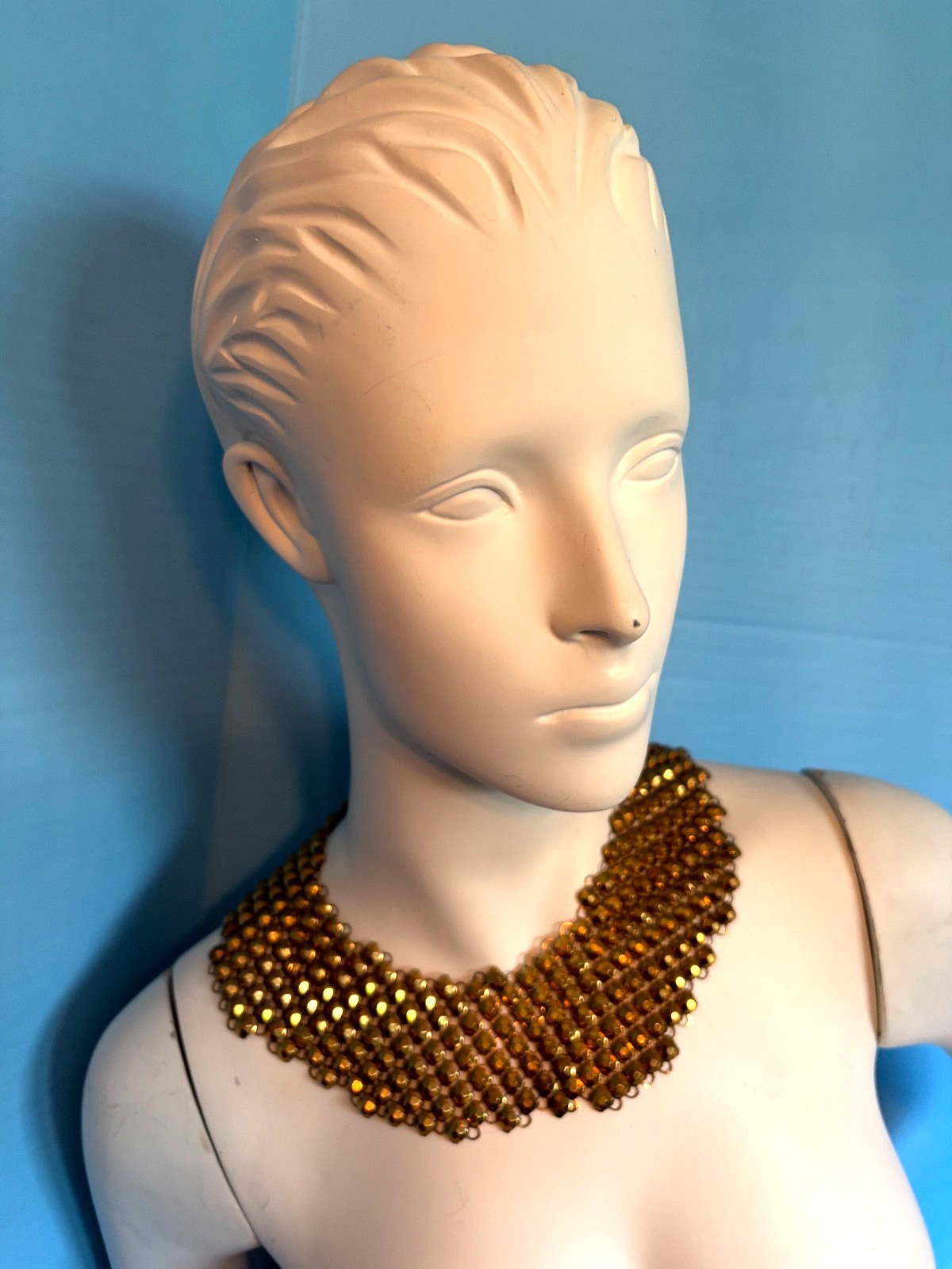 VTG 1940’S? BRASS CHAIN MAIL BIB/COLLAR NECKLACE, RAU FASTENER CO. 16.5″