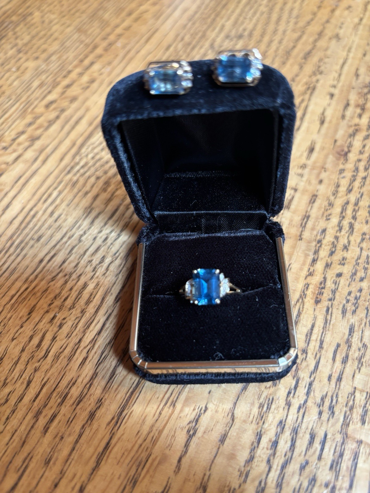 14k Yellow Gold- Blue Topaz And Diamond Ring And Earring Set