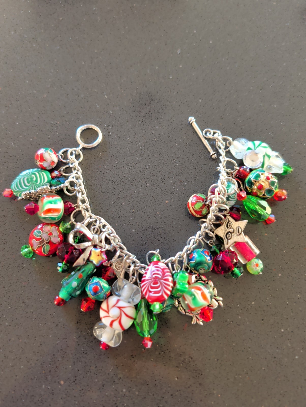 Multicolor Lampwork Art Glass Cloissone Charm Bracelet Silver Tone 7″ Loaded T5