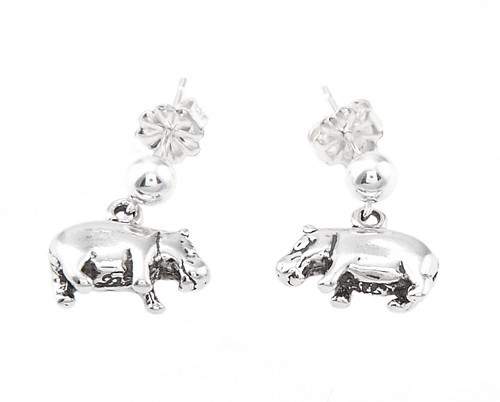 Sterling Silver 3D Hippopotamus Hippo Dangling Earrings