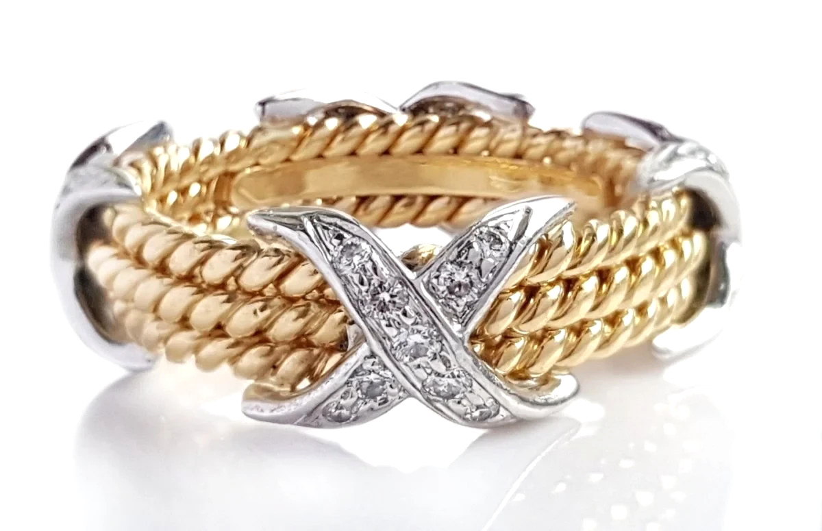 $10,300 TIFFANY & CO. SCHLUMBERGER THREE 3 ROW ROPE RING 18K GOLD PLATINUM SZ 7