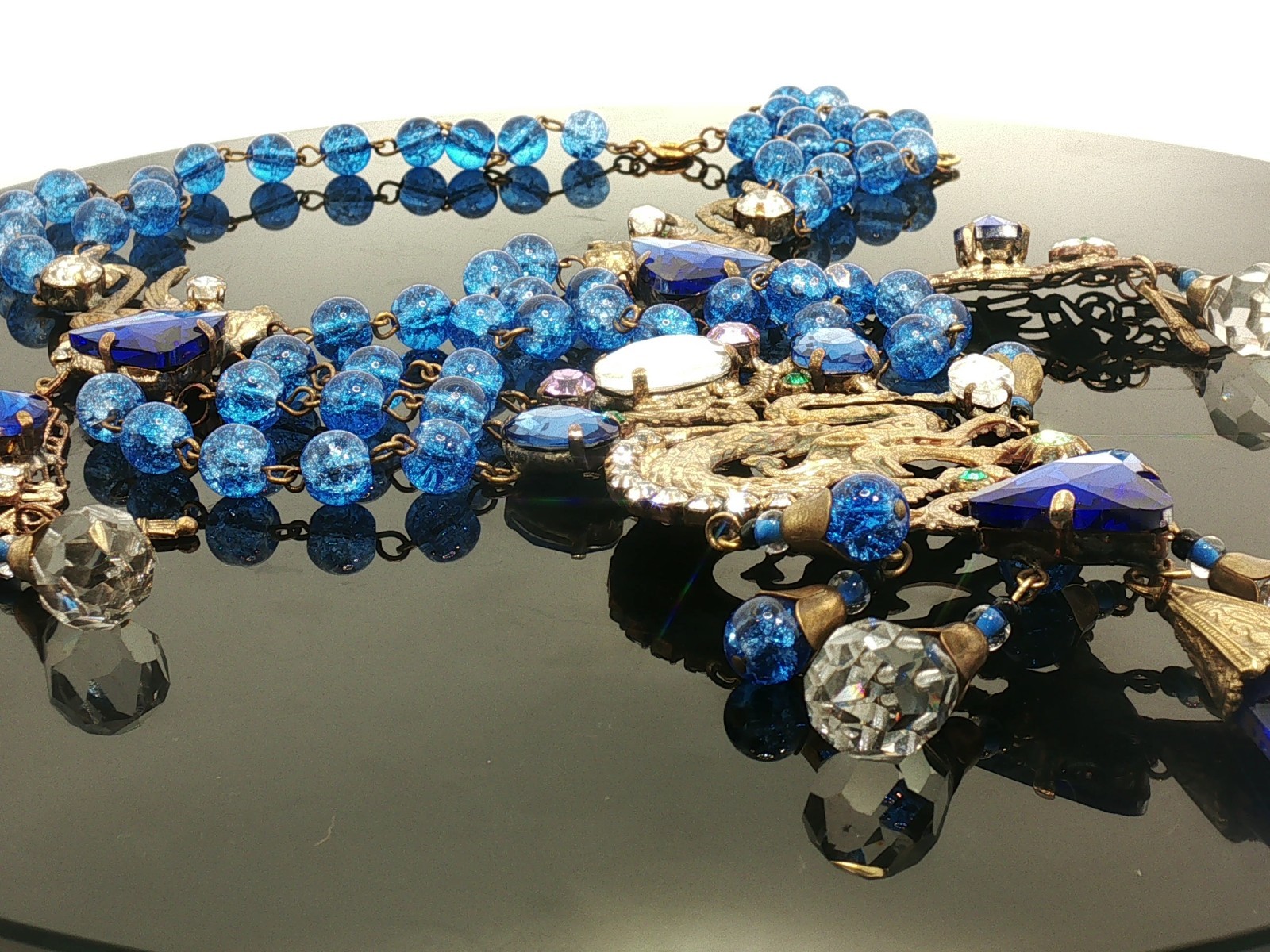Vintage Czech Glass Necklace Blue Beads Multi Strand Dragon Motif Statement