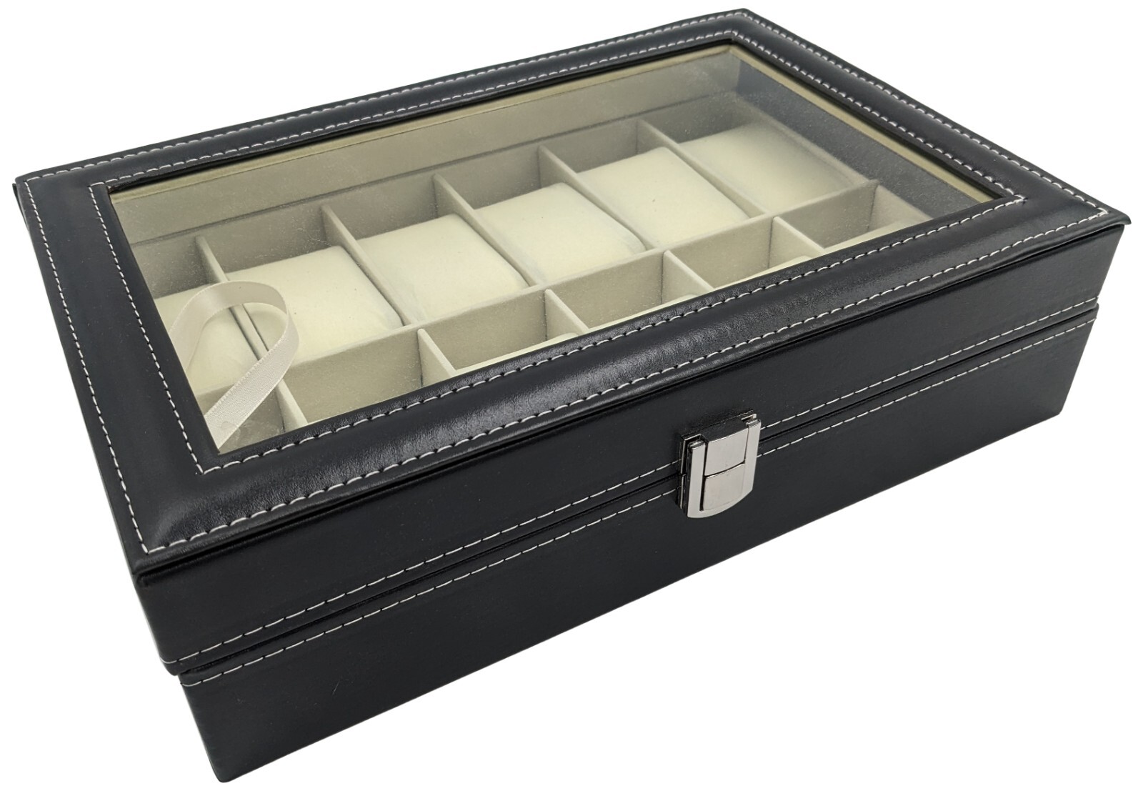 Watch Box 12-Grid Mens Black PU Leather Display Glass Top Jewelry Case Organizer