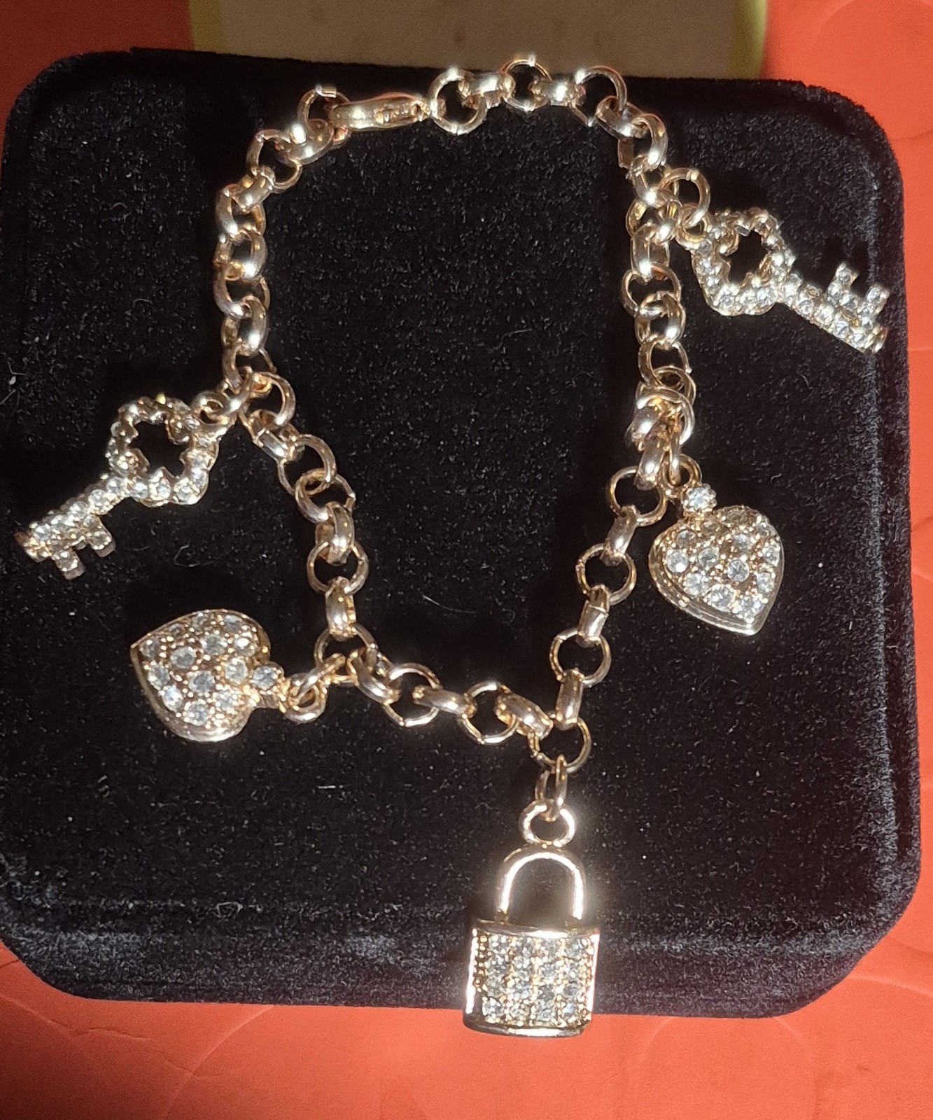 Fallon Jewelry Gold Tone Pave Rhinestone Lock Heart Key Charm Link Bracelet Vtg