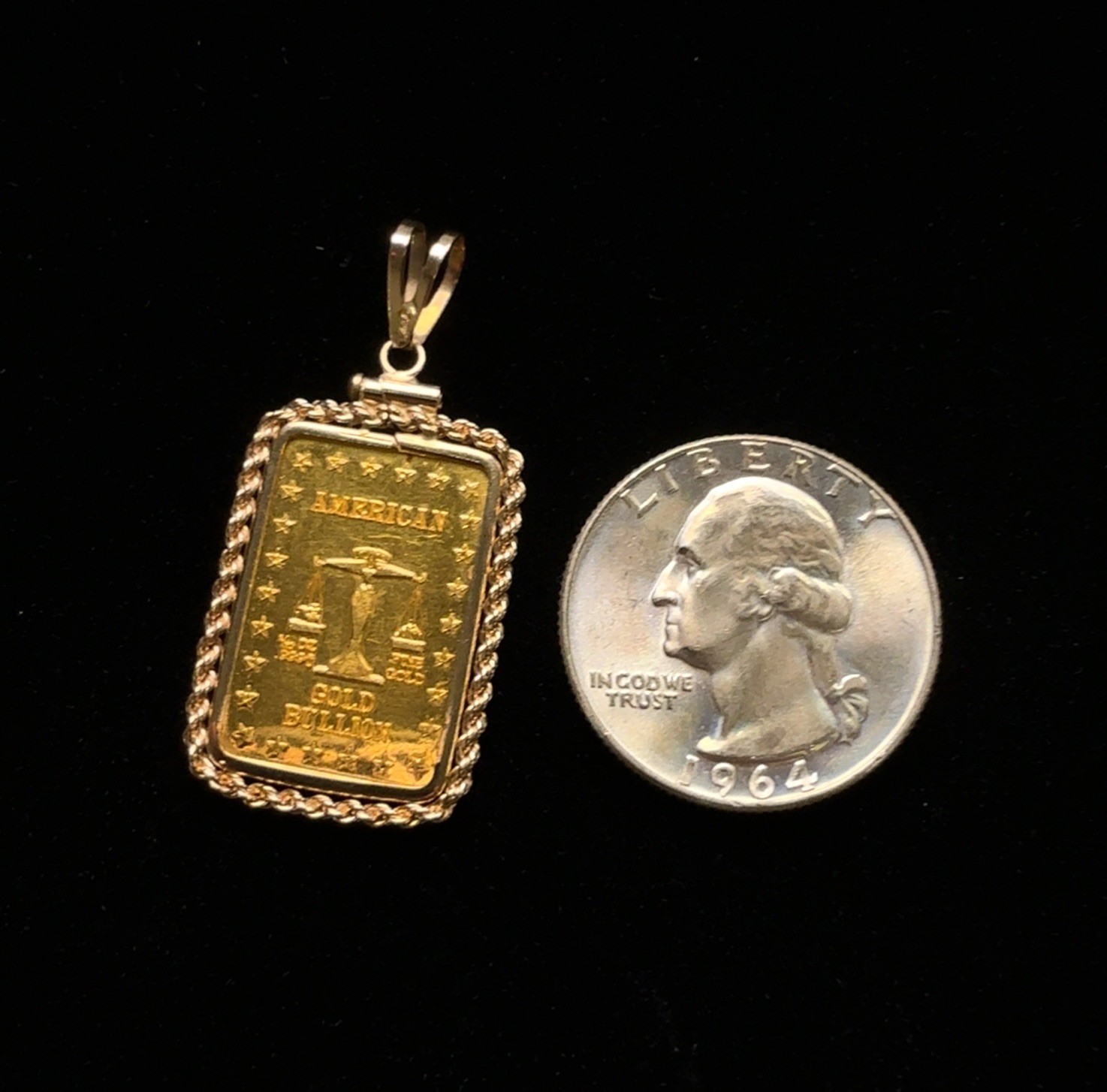 Vintage American Gold Bullion 1/10oz .999 Fine Gold Bar in 14k Rope Bezel 4.95g