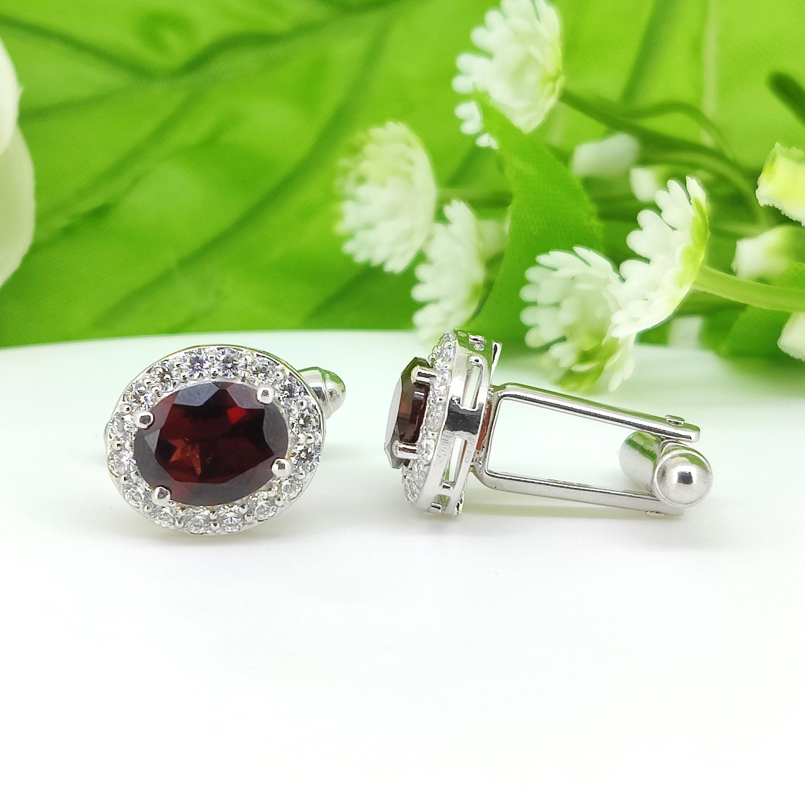Natural Garnet Sterling Silver Cufflinks, Men’s Jewelry (January Birthstone)
