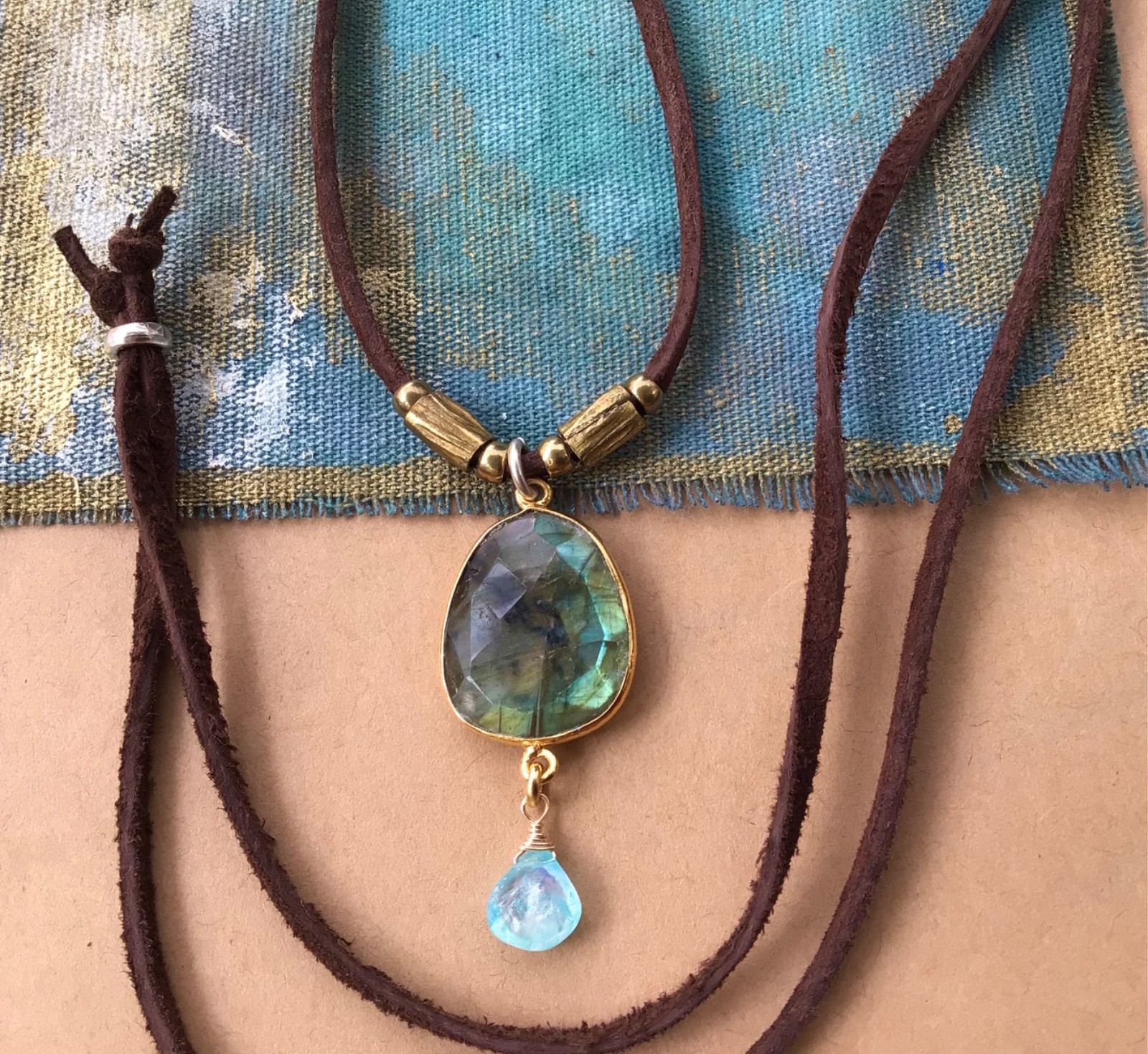 $270 Labradorite Aquamarine Sundance Charm Necklace leather suede cord jewelry