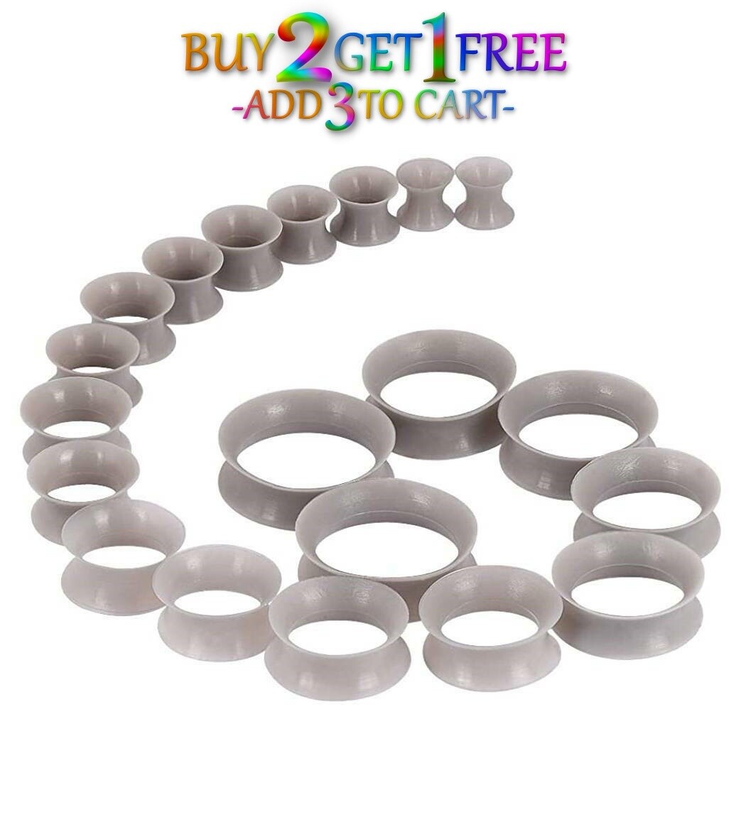Pair 8g-40mm GRAY SILICONE EARSKIN TUNNELS Double Flare Gauges Thin Flesh 1022