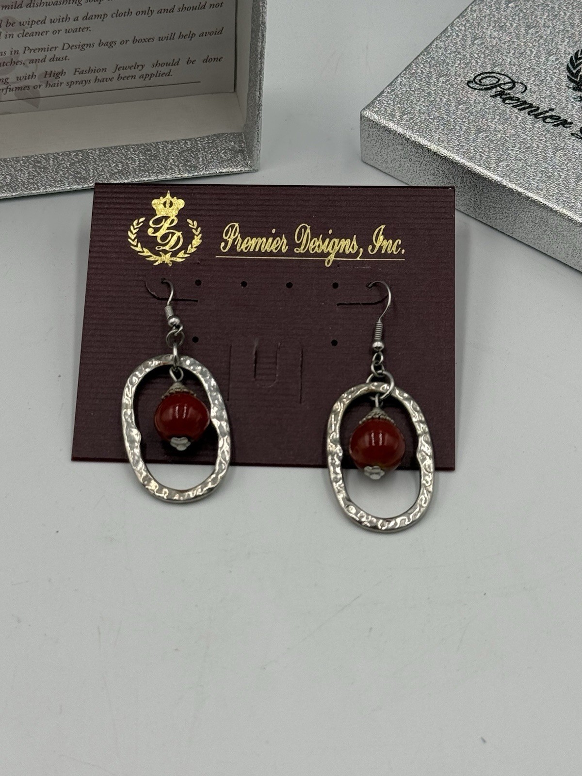 Premier Designs Silver Oval Dangle Earrings Red Stone Bead