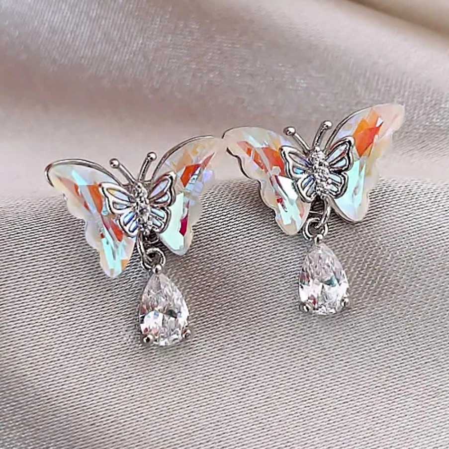 Silver Tone Butterfly Stud Dangle Drop Earrings Clear Teardrop Rhinestone