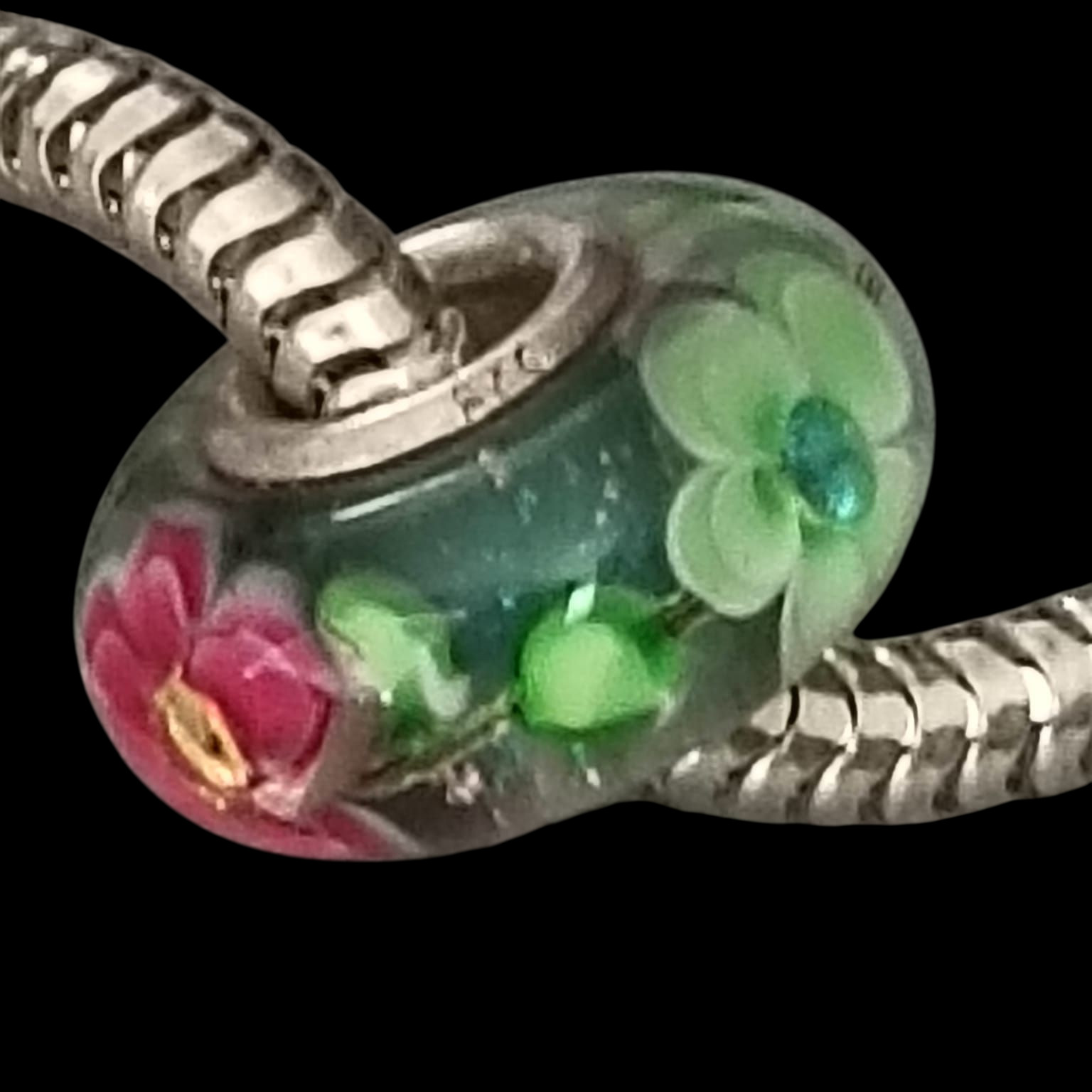 925 Sterling Silver Charm Bracelet 6.25″ Snake Chain & 3 Floral Glass Beads