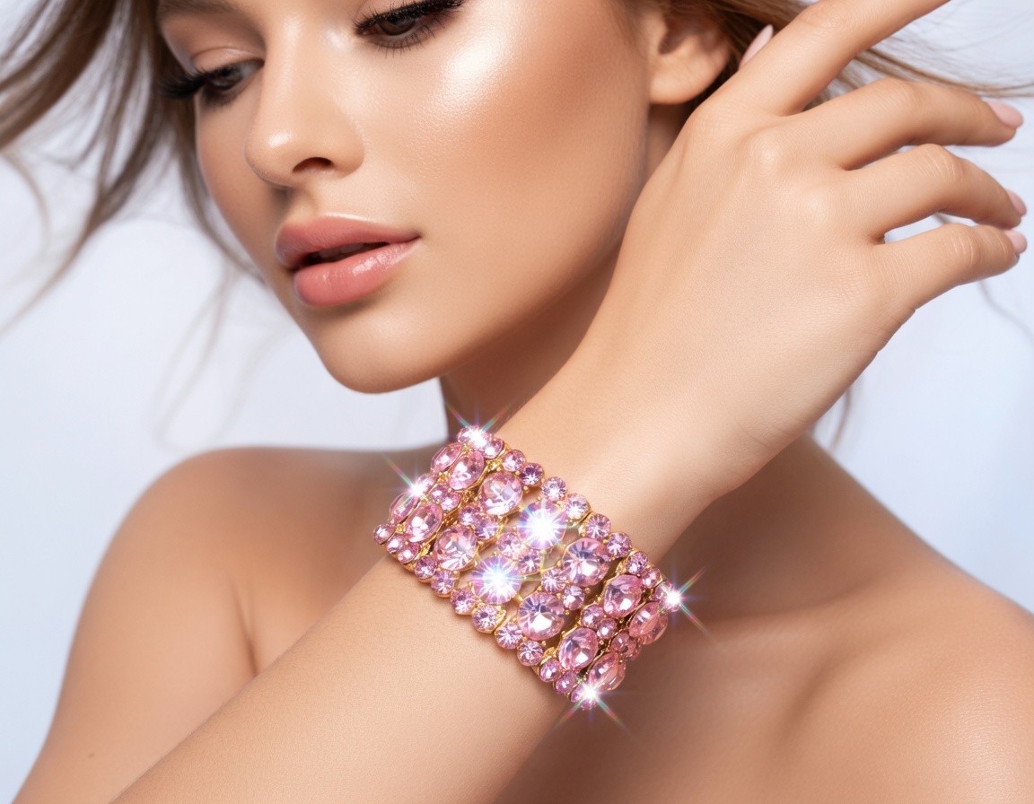 Pink Rhinestone Stretch Bracelet Statement Pageant Drag Queen Jewelry Prom