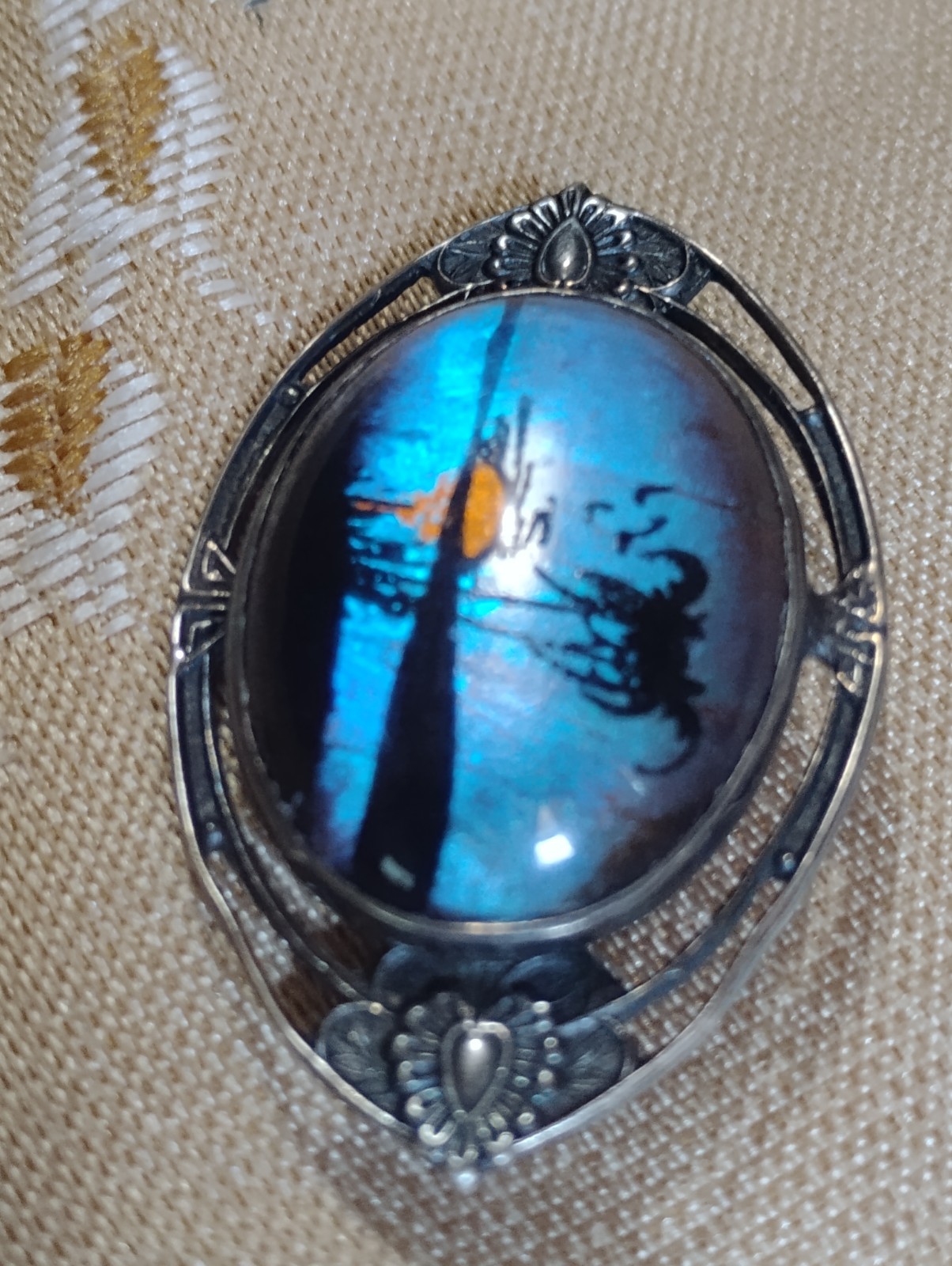 Hoffman Sterling Silver reverse-painted palm tree/ Blue Morpho butterfly wing