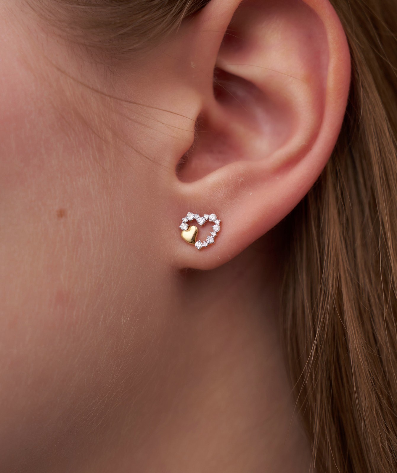 Round Cut Lab Grown Diamond 14K Gold Double Heart Diamond Stud Fine Earrings