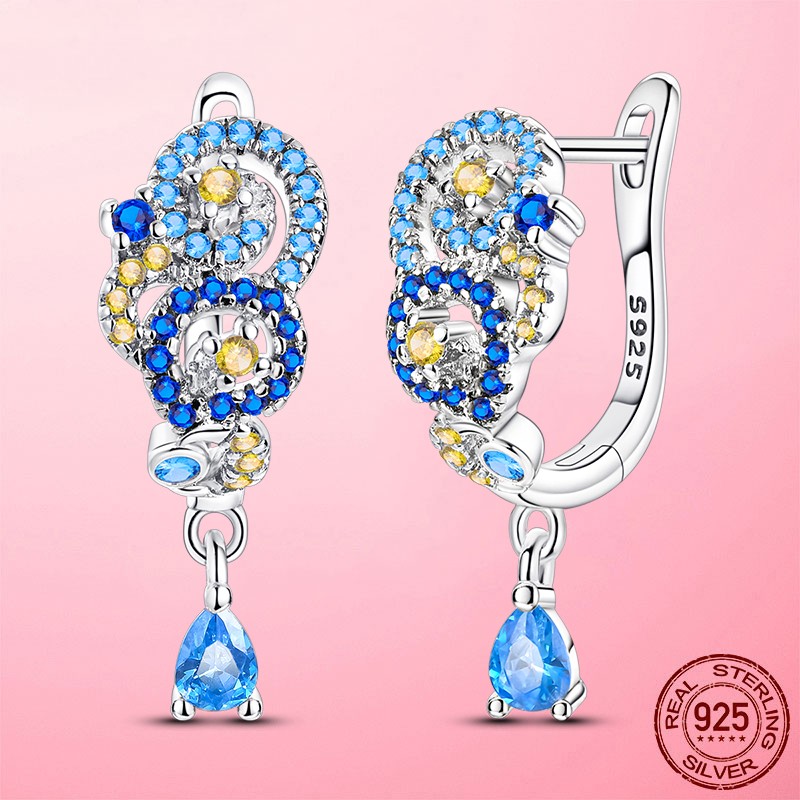 LAZA Original Women Hoop Earrings Blue Starry Sky Ear Buckle 925 Sterling Silver