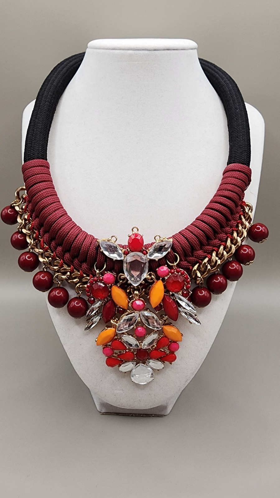 You & I Chunky Statement Bib Necklace Red Orange Crystal Rhinestone Mixed Media