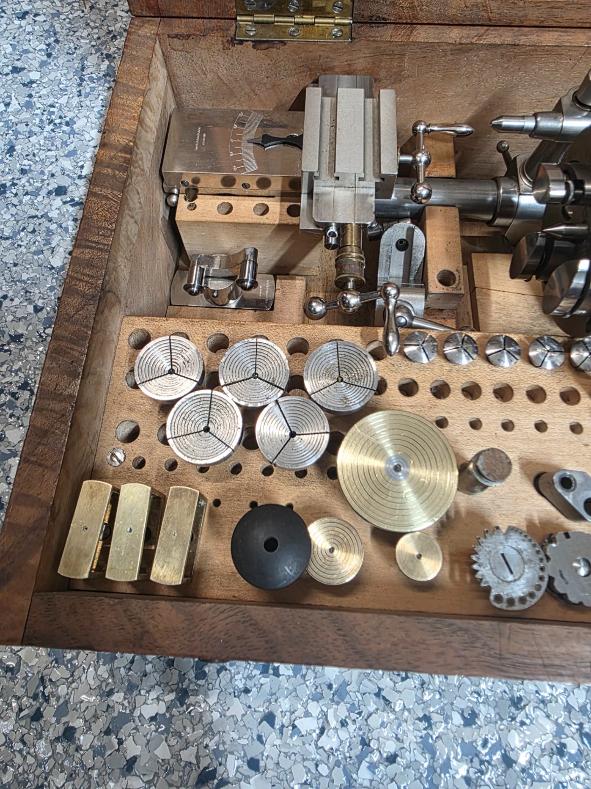 Watchmakers Lorch 8mm Lathe Kit Box Vintage Cross Slide, face plate, original