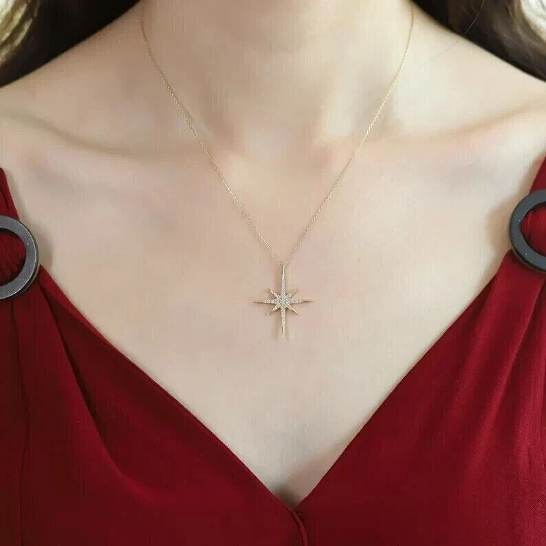 1 Ct Natural Moissanite North Star Pendant 14k Yellow Gold Plated Free Chain