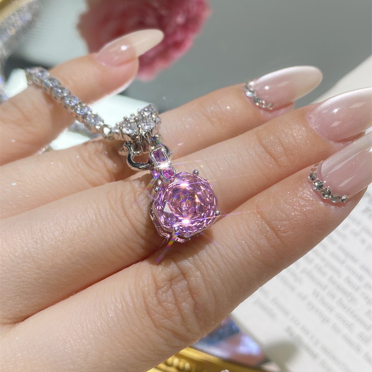 Sparkle Rose Cut Pink Topaz Gems Women Girl Jewelry Silver Necklace Stud Earring