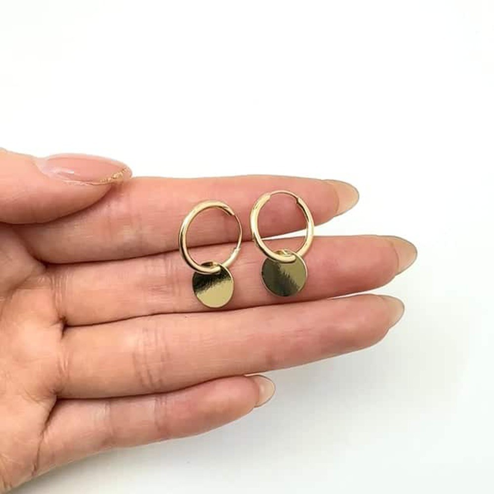 14K Yellow Gold Drop Dangle Circle Disc Endless Hoop Earrings