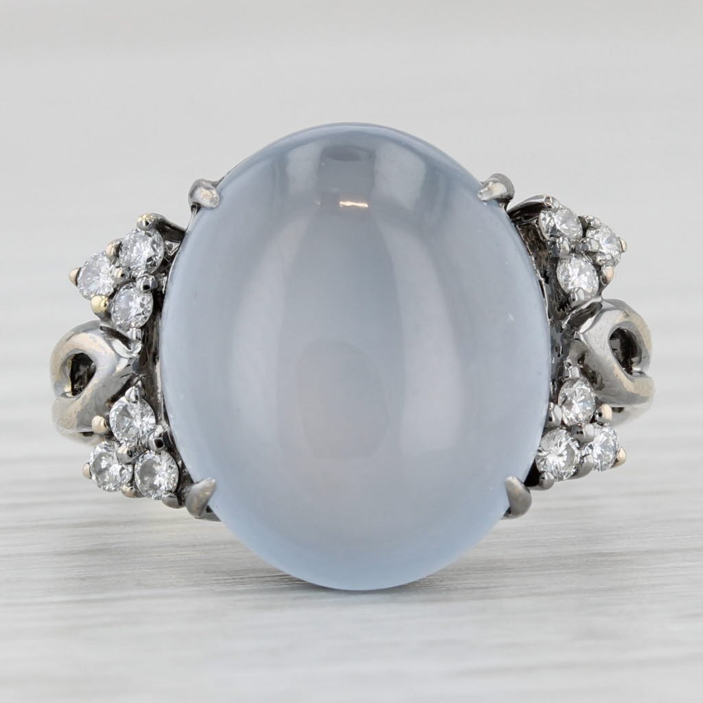 Ice Gray Jadeite Jade Ring 18k Gold Oval Cabochon 0.27ctw Diamond Sz 6.5 Papers