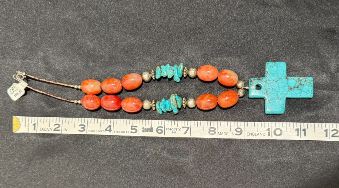 Solid Turquoise Cross Necklace Coral and Sterling Nuggets Heishi Beads 22″ 114 g