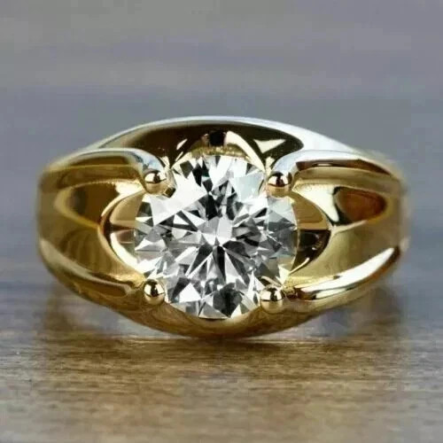 Solitaire Men’s Ring 14K Yellow Gold Plated 2Ctw Round Cut Lab Created Diamond