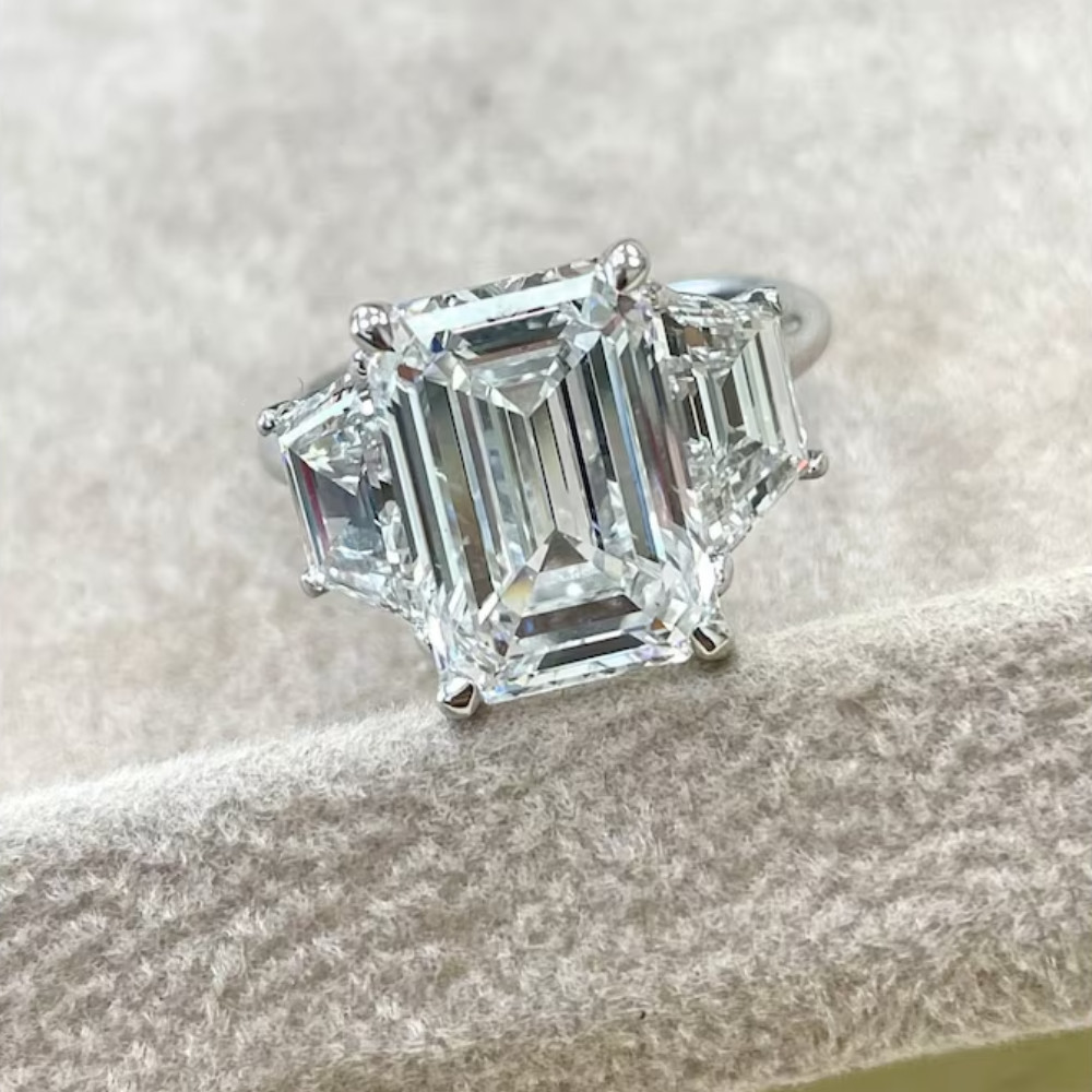 Diamond Ring Engagement Lab Grown Emerald Cut 950 Platinum IGI 6.80 Carat