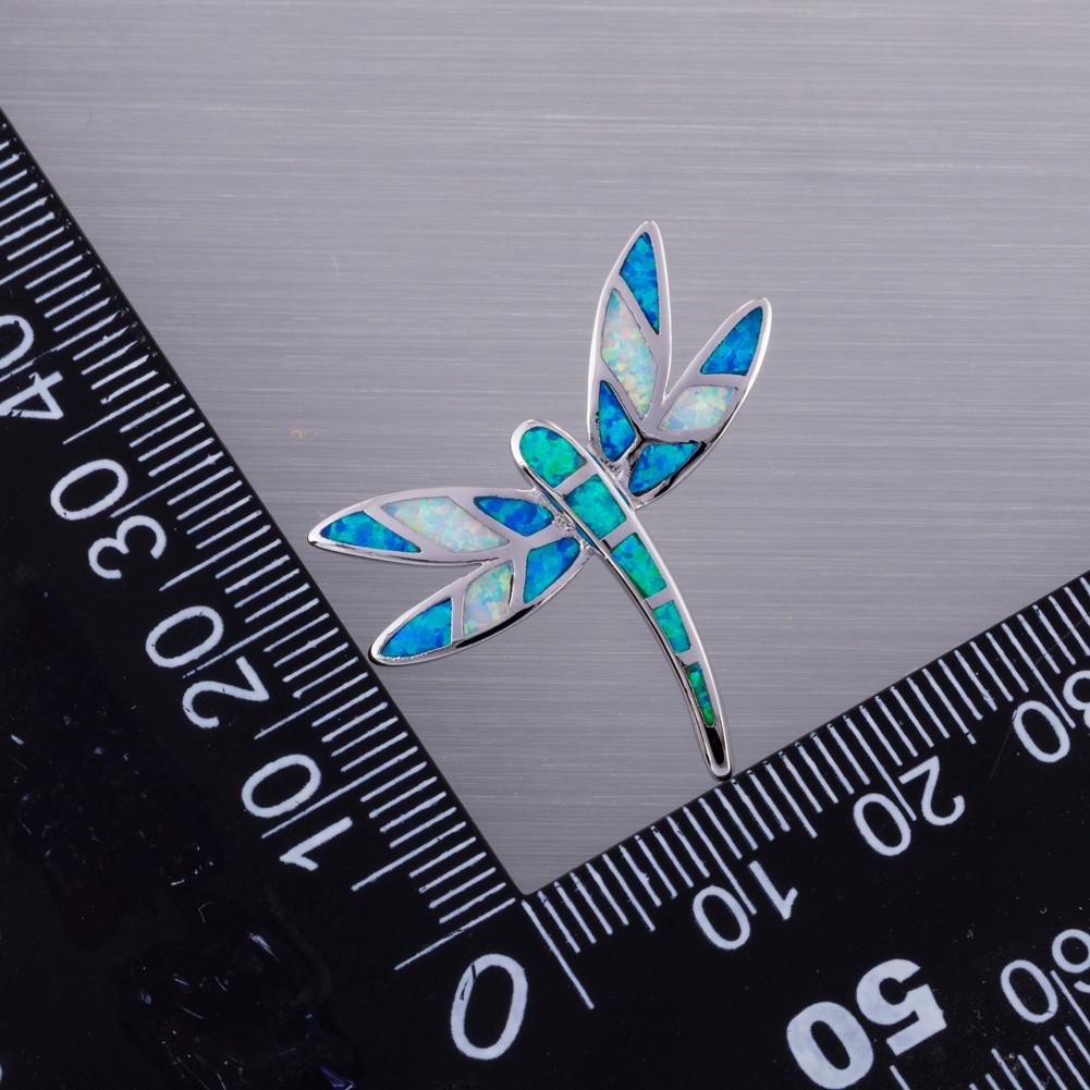 Dragonfly Green Blue White Fire Opal Mixed Silver Jewelry Necklace Pendant