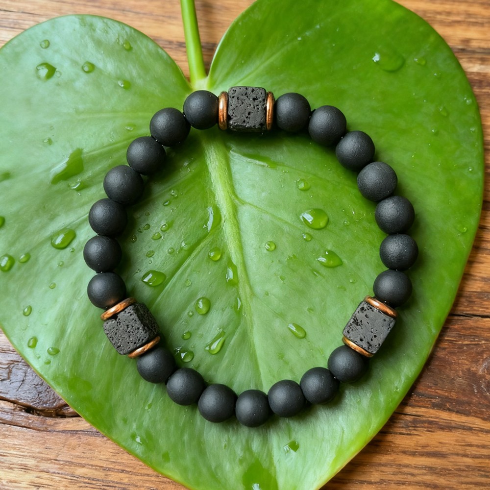Mens Premium Matte Black Onyx with Lava Beads Grounding Protection Bracelet NEW