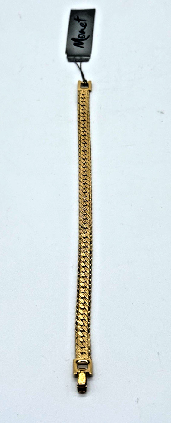 Monet Gold Tone Hammered Herringbone Chain Bracelet 1/4″ Wide 7 1/2 Inch Long