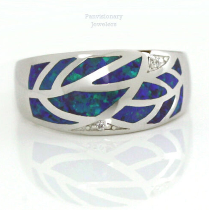 Blue Opal Leaf Ring Created Green Fire CZ 10mm 925 Sterling Silver Sizes 6 & 8.5