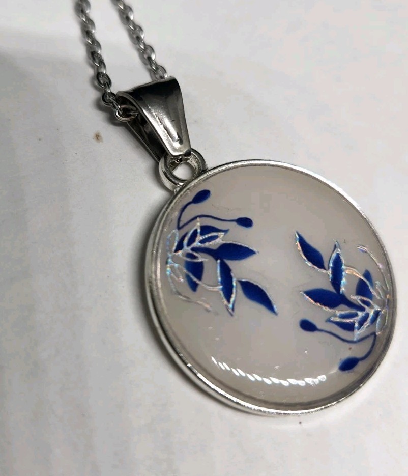 Handmade Resin Necklace – Stainless Steel Chain – Blue Floral Botanical Design