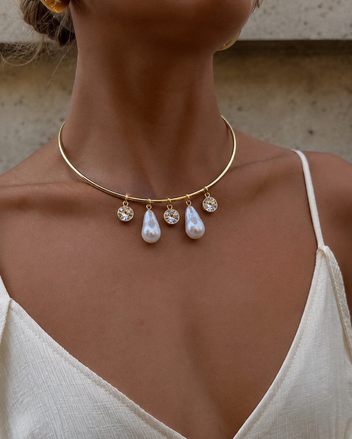 Gold Pearl Charm Choker Necklace, Baroque Pearl & Crystal Statement Necklace