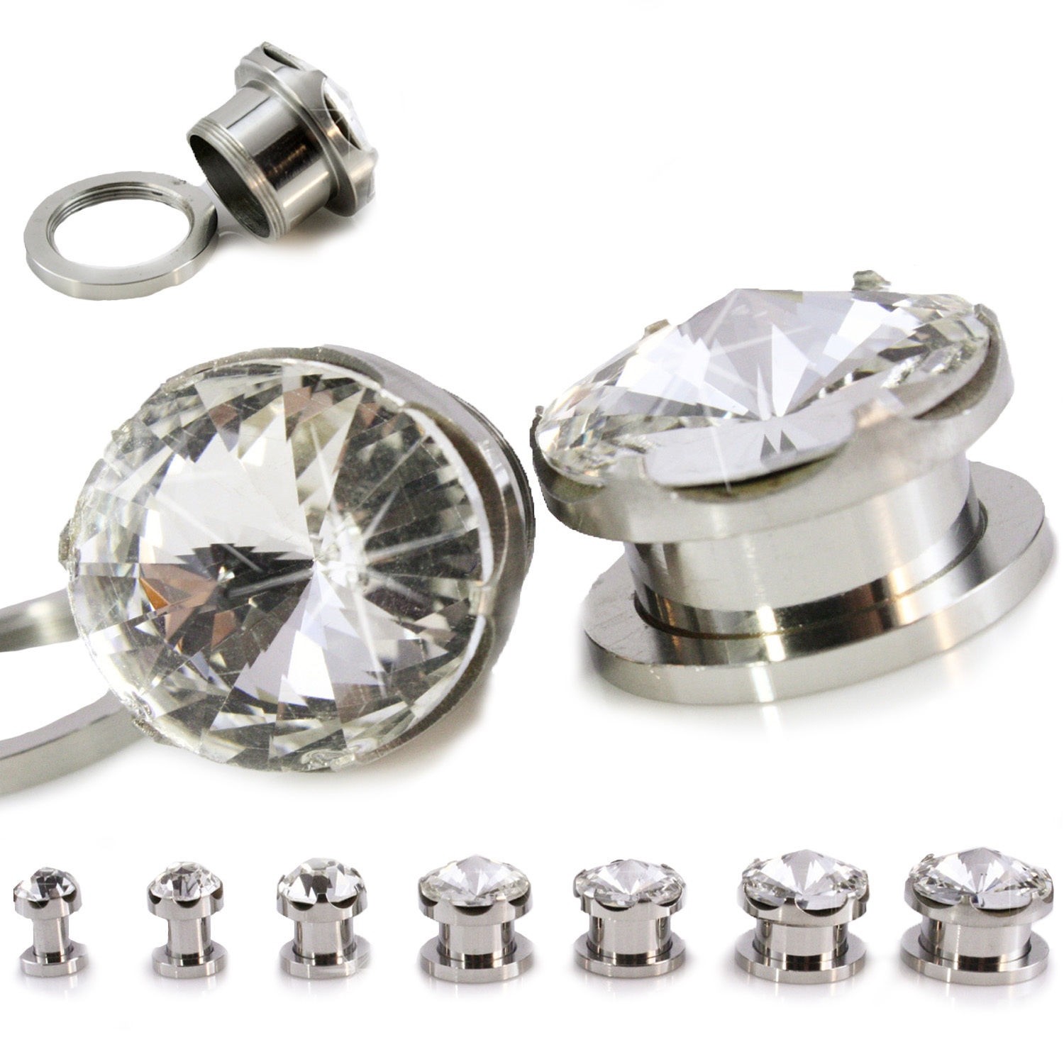 Prong Set CZ Screw Gem Plug Stainless Steel Gauges PAIR 4G 2G 0G 00G 11 12 14mm