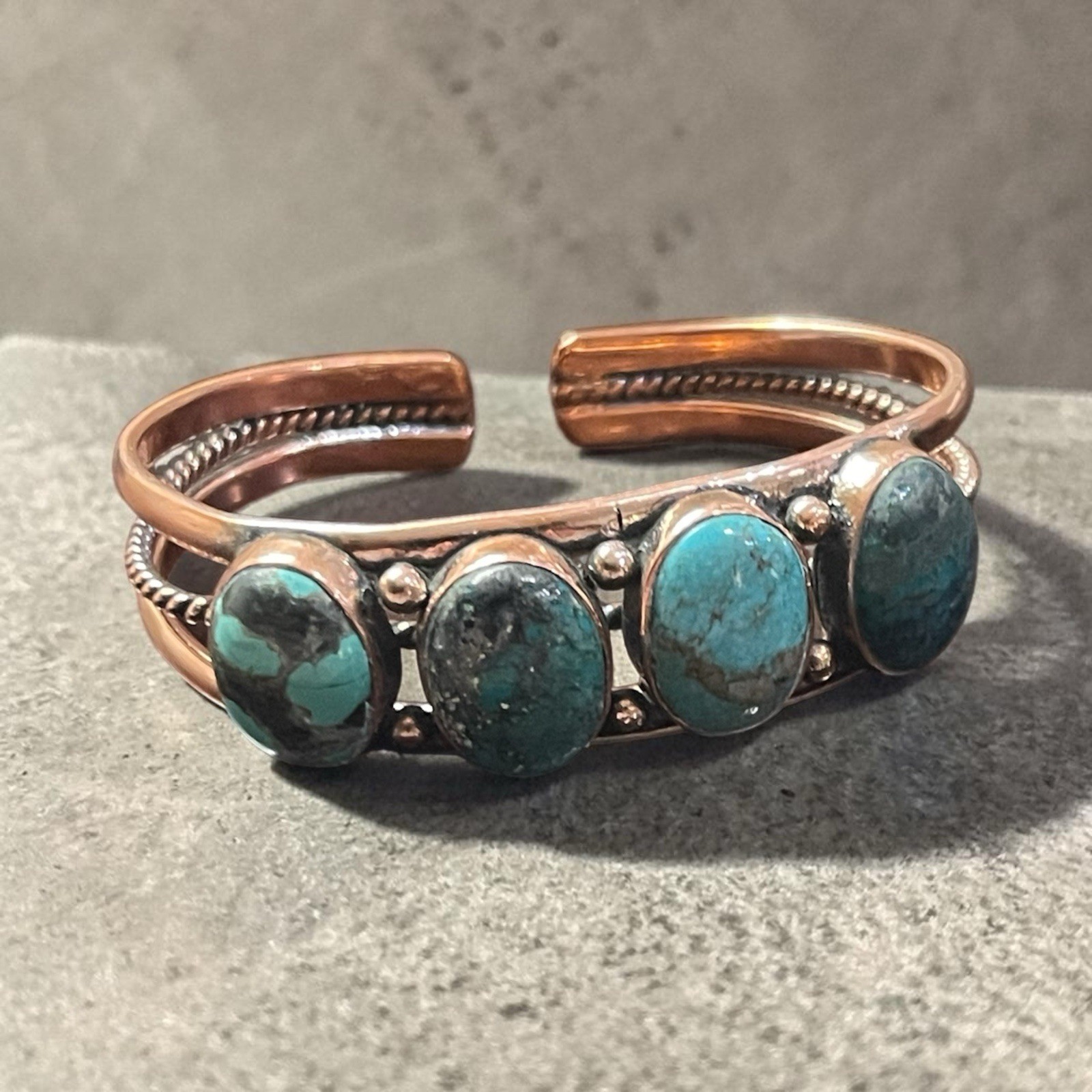 Artisan Kingman Turquoise 4 Stone Copper Braid Trim Cuff Bracelet