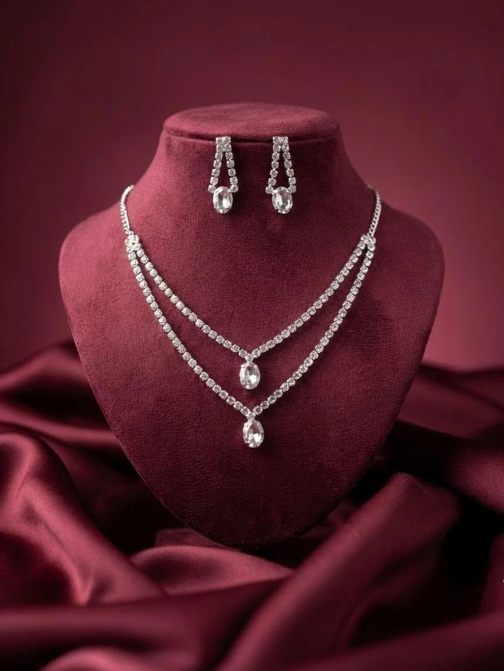Luxury Double Layer Crystal Necklace Earrings Set Dazzling lab created stone