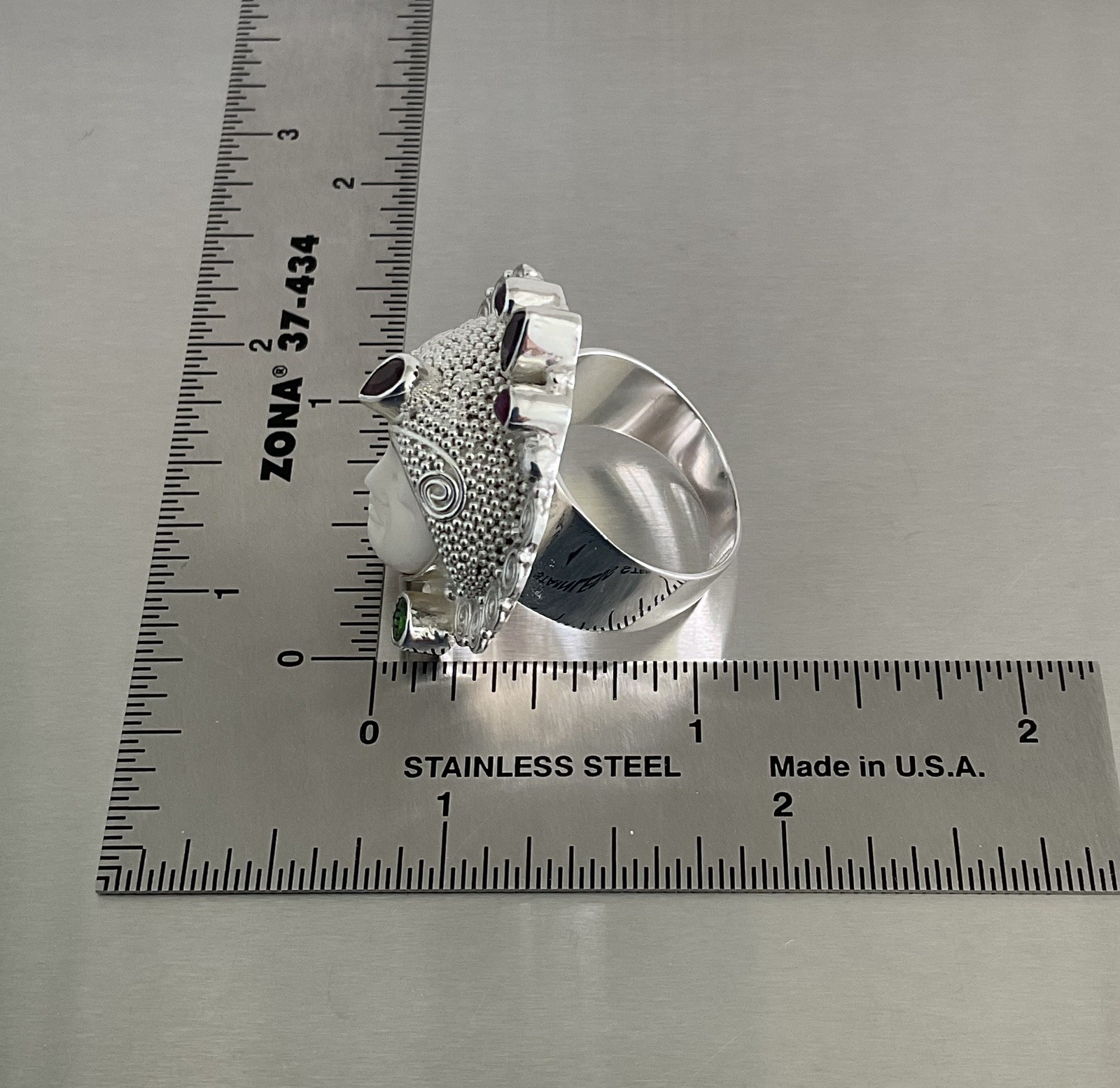 Sajen Silver Carved Goddess Ring Multi Gemstones 925 Sterling Silver Size 9