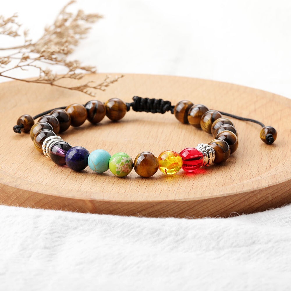 7 Chakra Stone Tiger’s Eye Beaded Healing Grounding Strength Women Men Bracelet