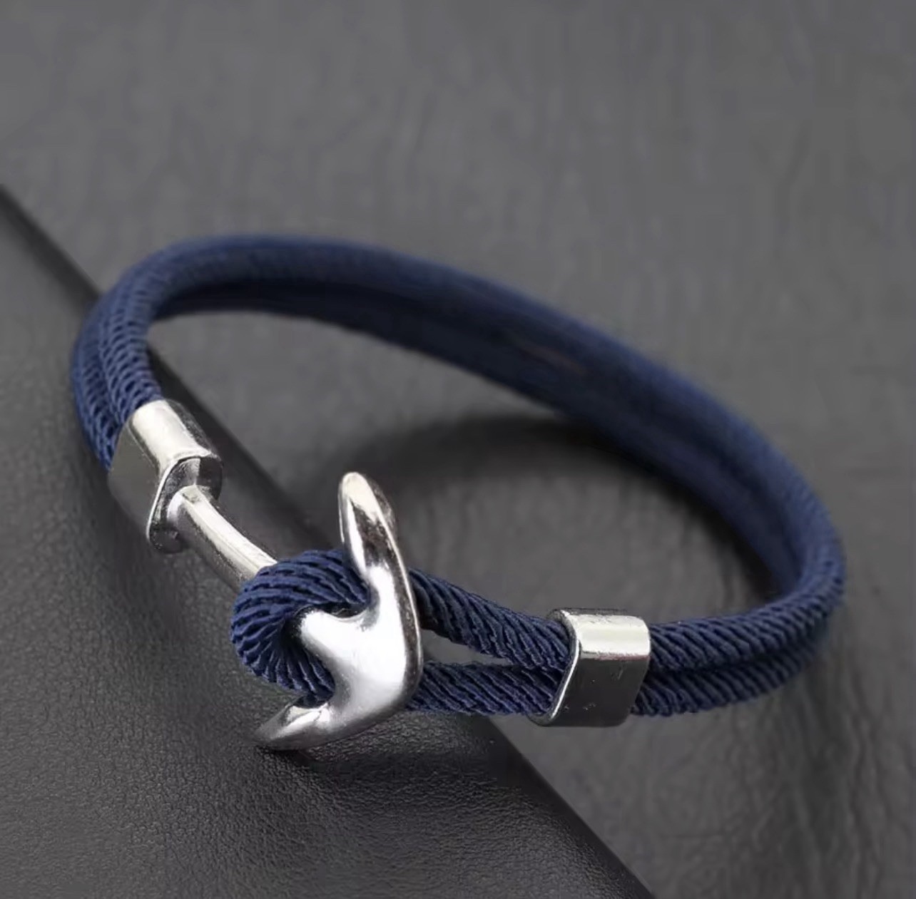 Men’s navy blue rope bracelet with anchor dangle charm, 20.5 cm