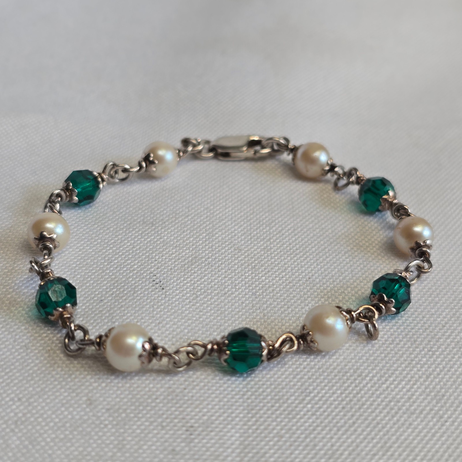 Sterling Silver Bracelet 7.36g Jewelry 7.5″ Faux Pearls & Green Stones *READ*