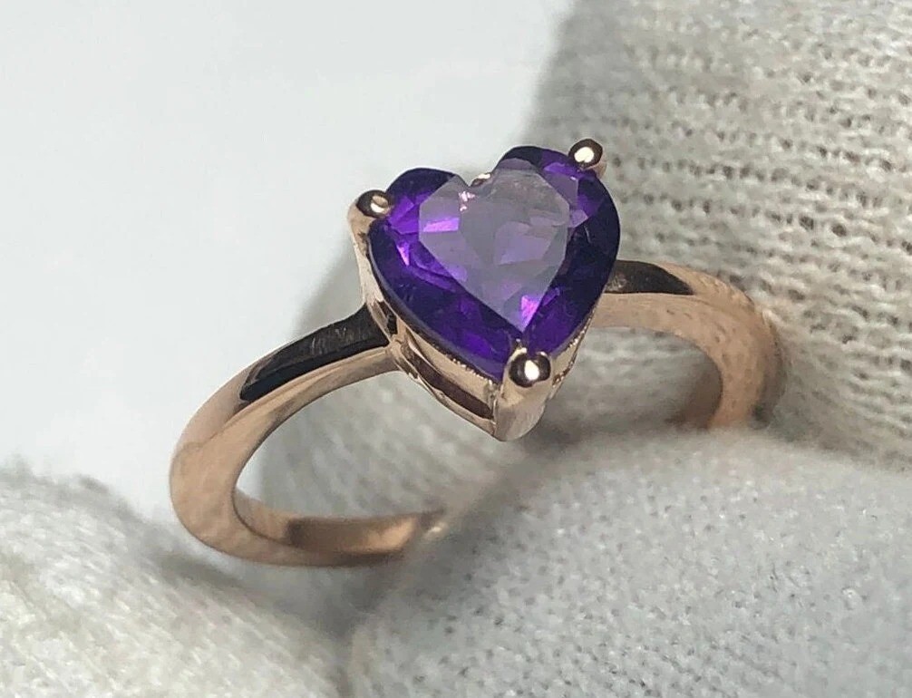 Natural Amethyst Heart Ring: Sterling Silver Love Ring
