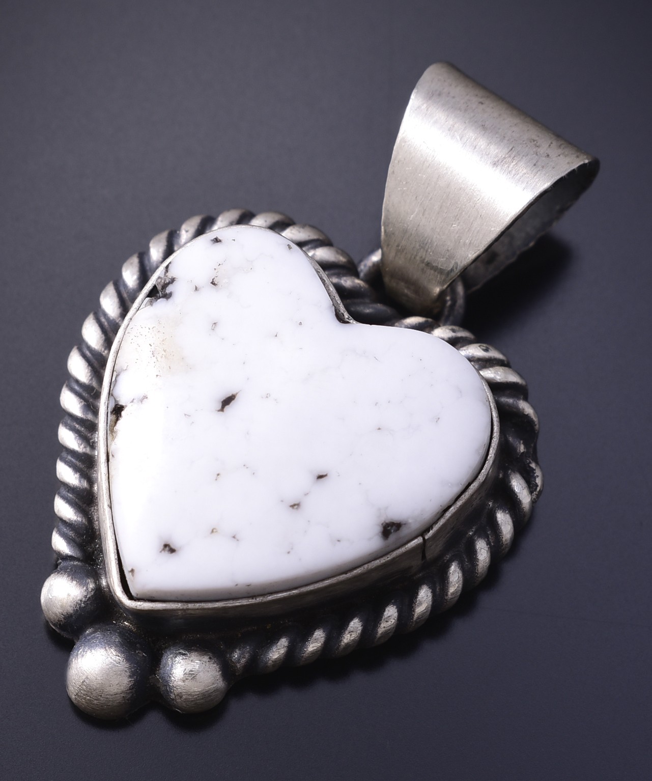 Silver & White Buffalo Turquoise Navajo Heart Pendant by Johnny Dixon 5L26M